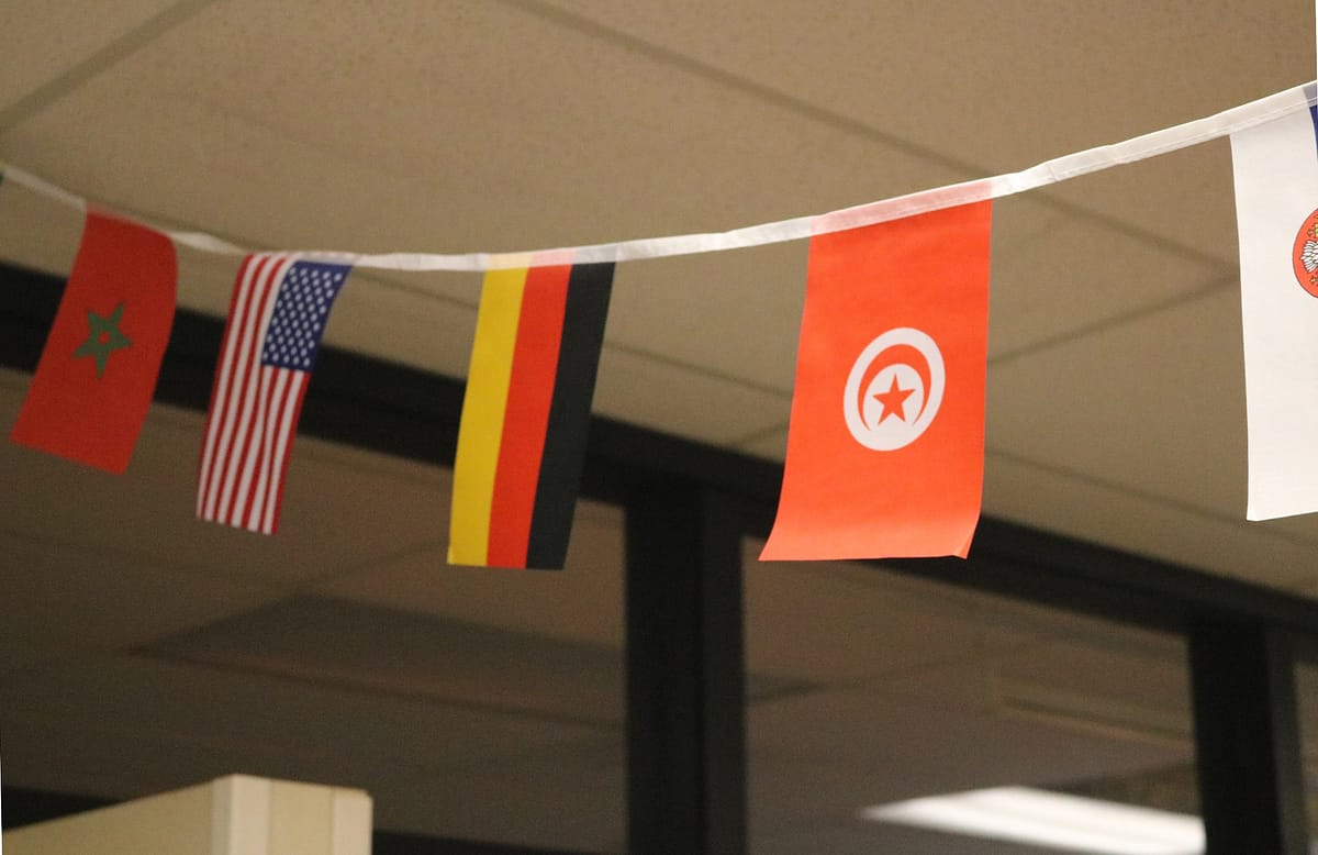 National Flags of the world are hung up in the ceiling near the history classes in E Hall.